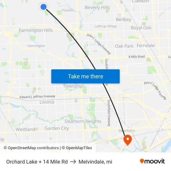 Orchard Lake + 14 Mile Rd to Melvindale, mi map