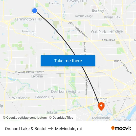 Orchard Lake & Bristol to Melvindale, mi map