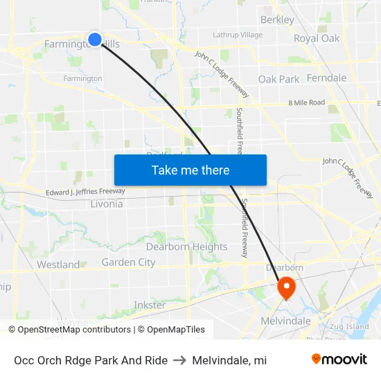 Occ Orch Rdge Park And Ride to Melvindale, mi map