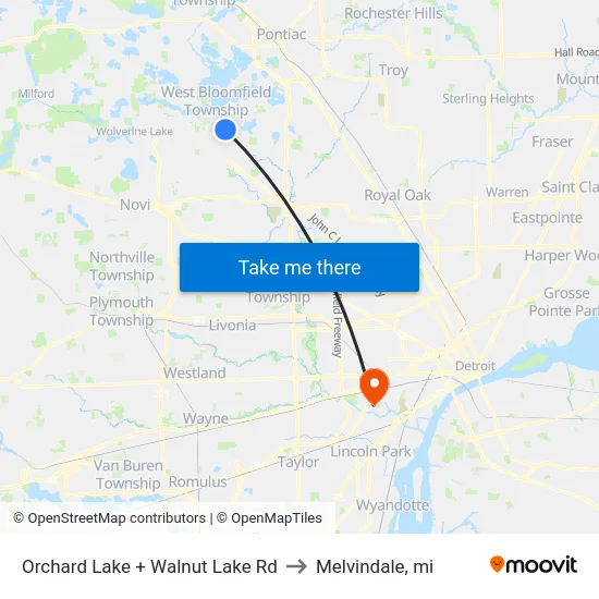 Orchard Lake + Walnut Lake Rd to Melvindale, mi map