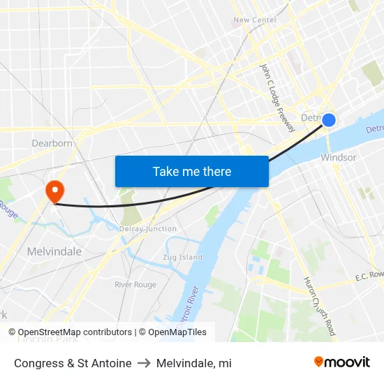 Congress & St Antoine to Melvindale, mi map
