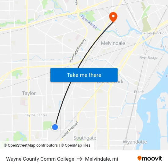 Wayne County Comm College to Melvindale, mi map