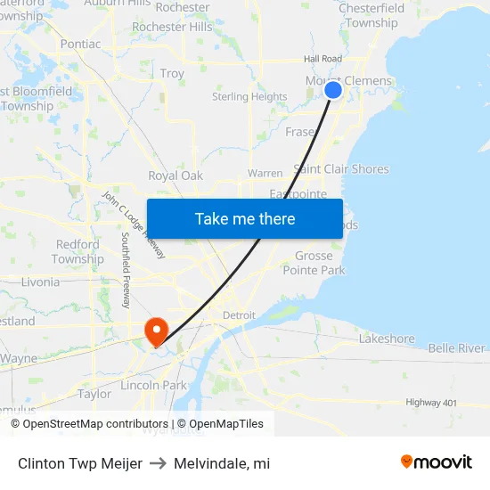 Clinton Twp Meijer to Melvindale, mi map