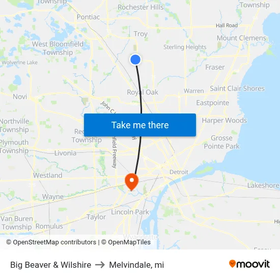 Big Beaver & Wilshire to Melvindale, mi map
