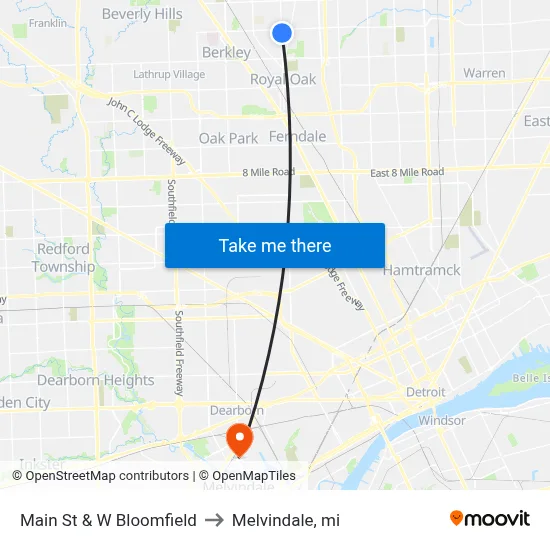 Main St & W Bloomfield to Melvindale, mi map