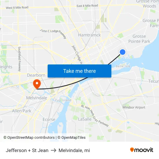 Jefferson + St Jean to Melvindale, mi map