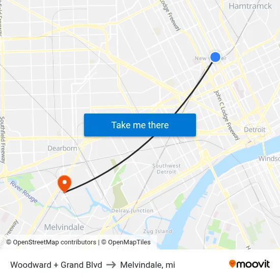Woodward + Grand Blvd to Melvindale, mi map