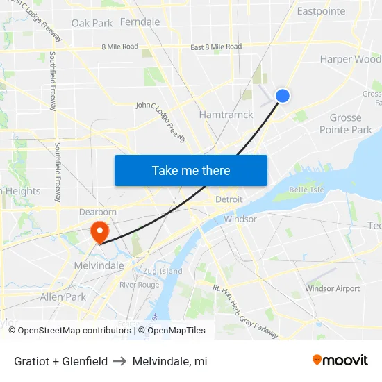 Gratiot + Glenfield to Melvindale, mi map