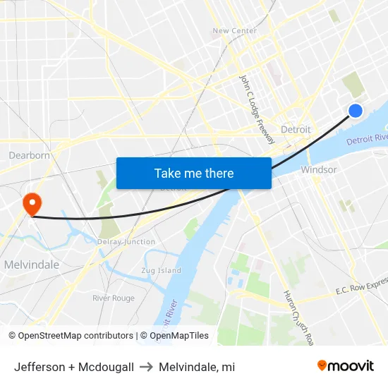 Jefferson + Mcdougall to Melvindale, mi map