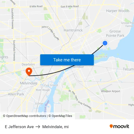 E Jefferson Ave to Melvindale, mi map