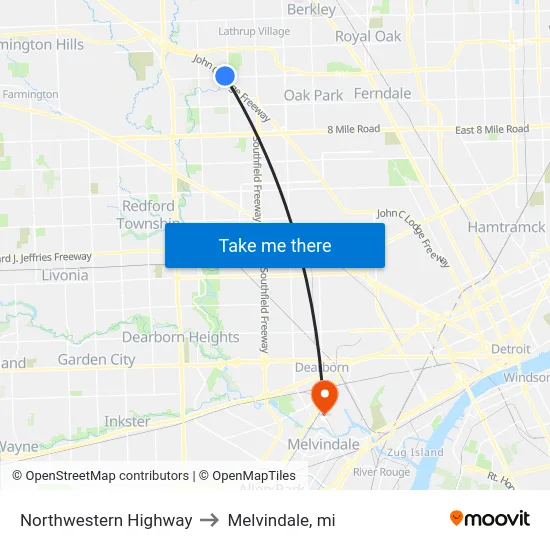 Northwestern Highway to Melvindale, mi map
