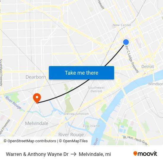 Warren & Anthony Wayne Dr to Melvindale, mi map