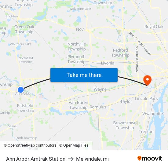 Ann Arbor Amtrak Station to Melvindale, mi map