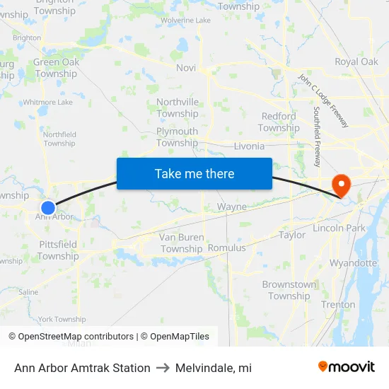 Ann Arbor Amtrak Station to Melvindale, mi map
