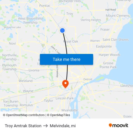 Troy Amtrak Station to Melvindale, mi map