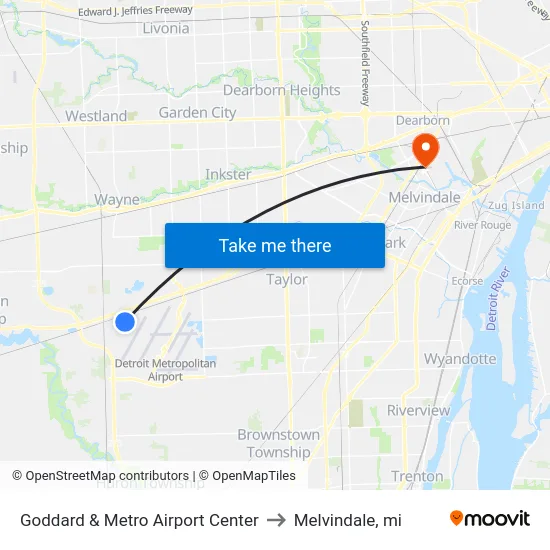 Goddard & Metro Airport Center to Melvindale, mi map