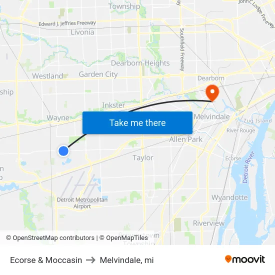 Ecorse & Moccasin to Melvindale, mi map