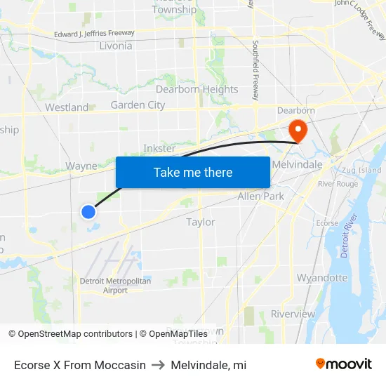 Ecorse @ Moccasin to Melvindale, mi map