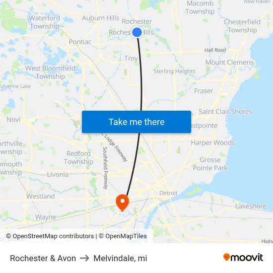 Rochester & Avon to Melvindale, mi map
