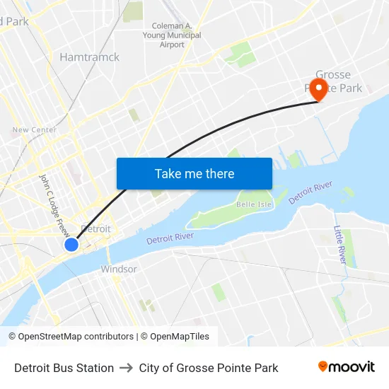 Detroit Bus Station to City of Grosse Pointe Park map