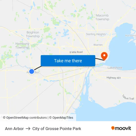 Ann Arbor to City of Grosse Pointe Park map