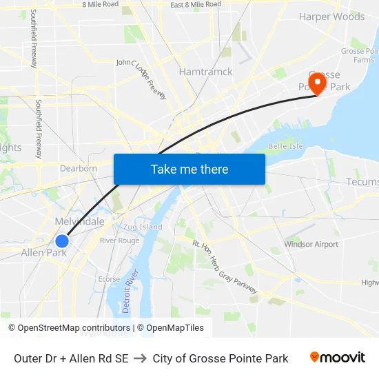 Outer Dr + Allen Rd SE to City of Grosse Pointe Park map