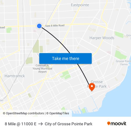 8 Mile @ 11000 E to City of Grosse Pointe Park map