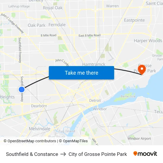 Southfield & Constance to City of Grosse Pointe Park map