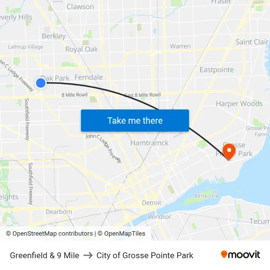 Greenfield & 9 Mile to City of Grosse Pointe Park map