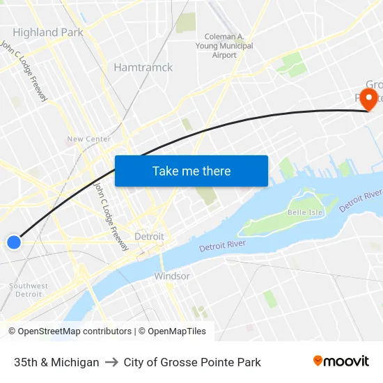 35th & Michigan to City of Grosse Pointe Park map