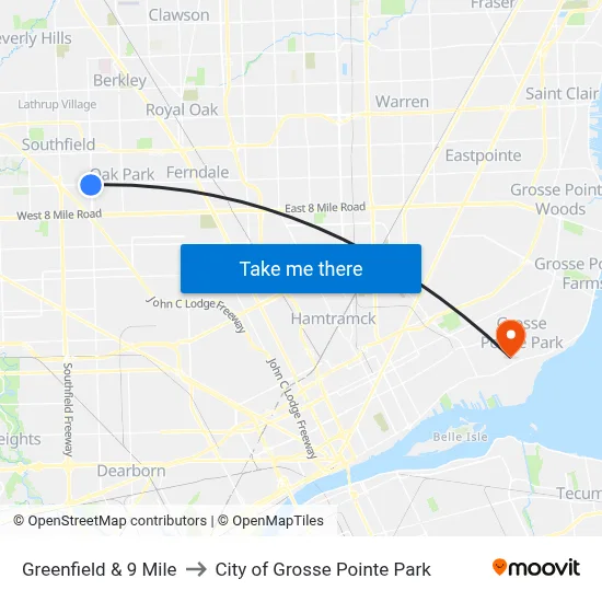 Greenfield & 9 Mile to City of Grosse Pointe Park map