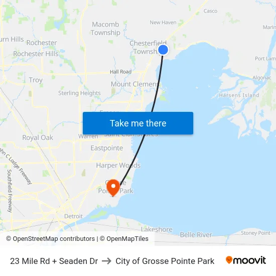 23 Mile Rd + Seaden Dr to City of Grosse Pointe Park map