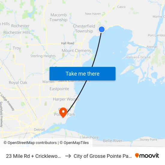 23 Mile Rd + Cricklewood to City of Grosse Pointe Park map