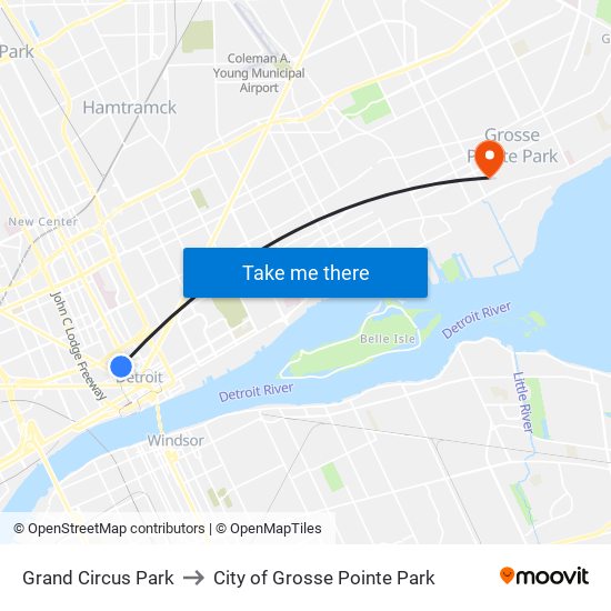 Grand Circus Park to City of Grosse Pointe Park map