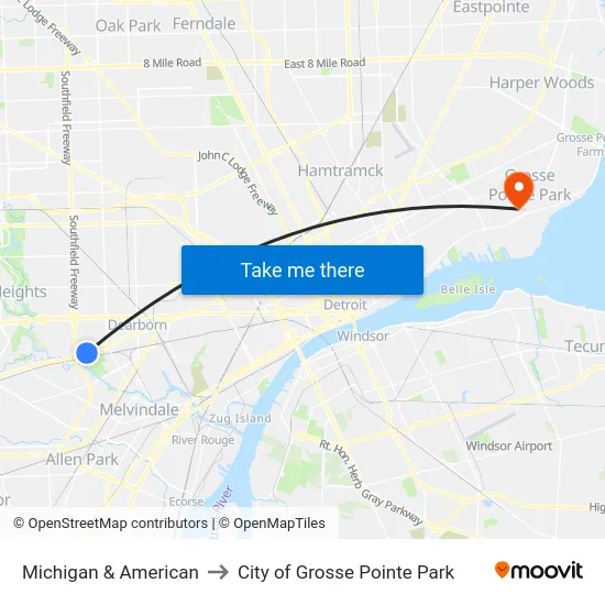 Michigan & American to City of Grosse Pointe Park map
