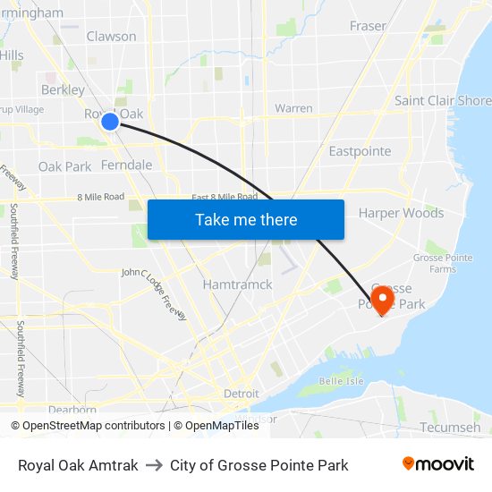 Royal Oak Amtrak to City of Grosse Pointe Park map