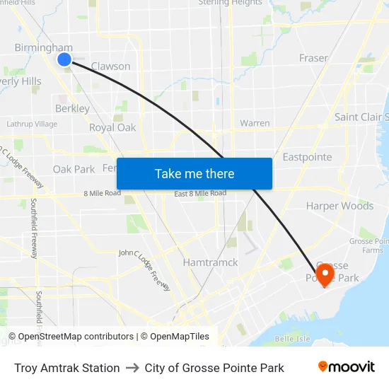 Troy Amtrak Station to City of Grosse Pointe Park map