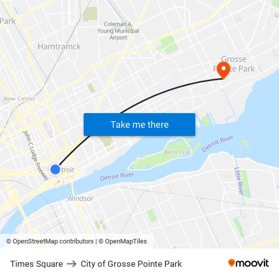 Times Square to City of Grosse Pointe Park map