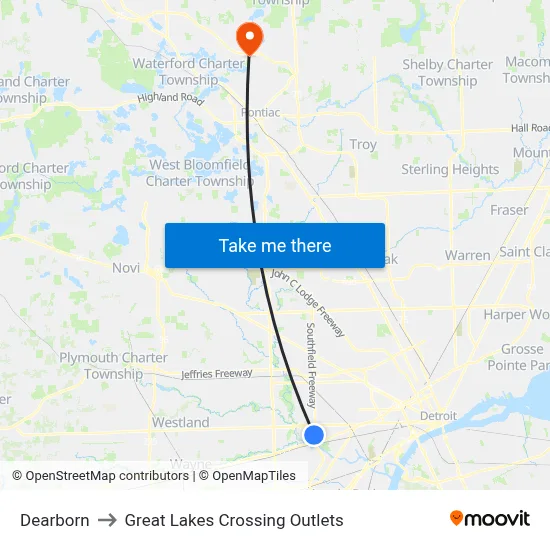 Dearborn to Great Lakes Crossing Outlets map