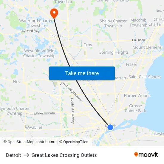 Detroit to Great Lakes Crossing Outlets map