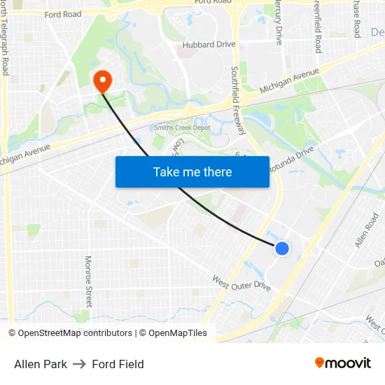 Allen Park to Ford Field map
