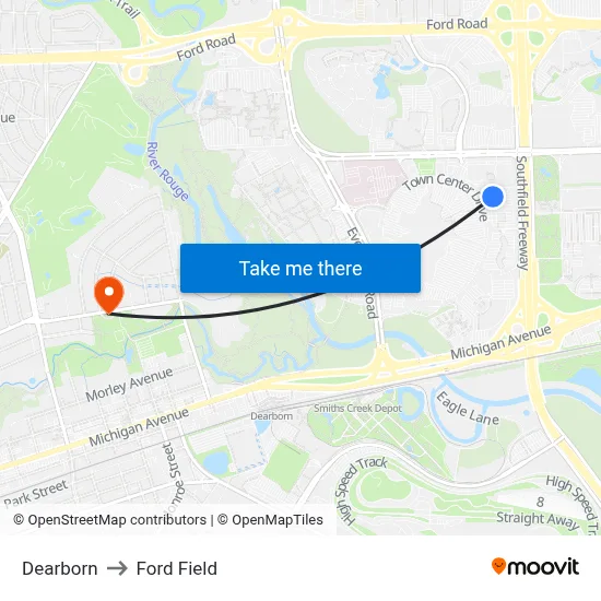 Dearborn to Ford Field map