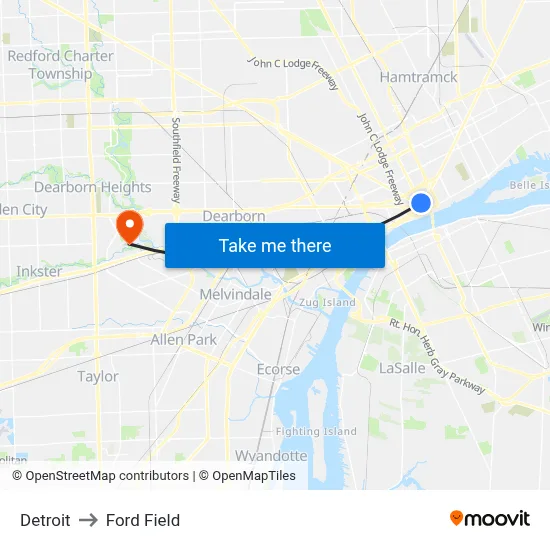 Detroit to Ford Field map