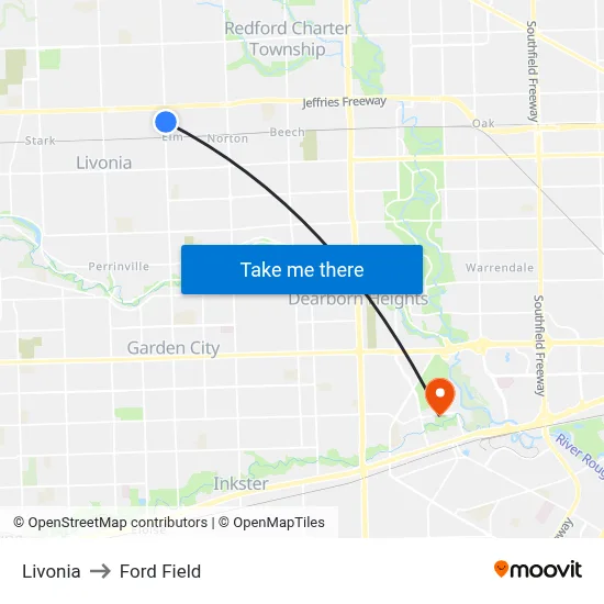 Livonia to Ford Field map