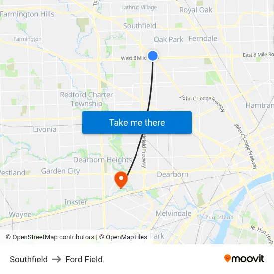 Southfield to Ford Field map