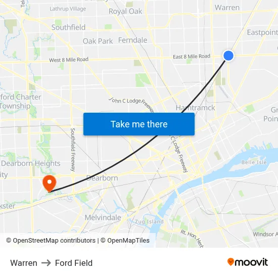 Warren to Ford Field map