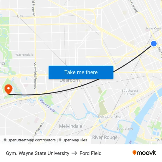 Gym. Wayne State University to Ford Field map