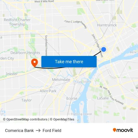 Comerica Bank to Ford Field map