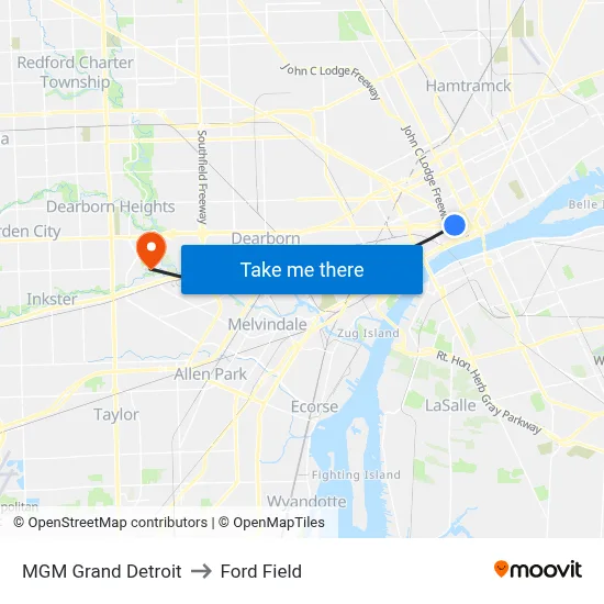 MGM Grand Detroit to Ford Field map