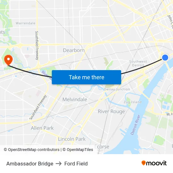 Ambassador Bridge to Ford Field map